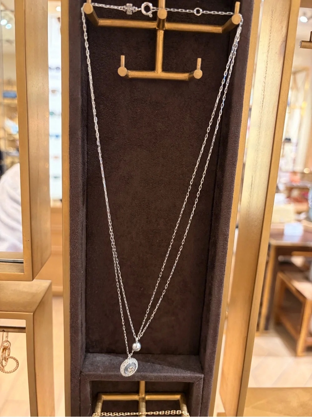 Tory Burch Moondance silver two layer  Crystal Logo pearl small Pendant Necklace